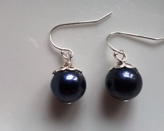 Freshwater Dark Navy Blue Pearl Drop Earrings