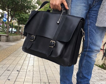 Leather Briefcase Men, Black Leather Messenger Bag, Men's Briefcase, Laptop Briefcase, Messenger Bag, 17'' Laptop Bag, Made in Greece.