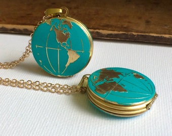World Map Locket, Globe Locket Necklace, World Necklace, Earth Necklace, Travel Necklace, Map jewelry, World Jewelry, World Locket, Ocean
