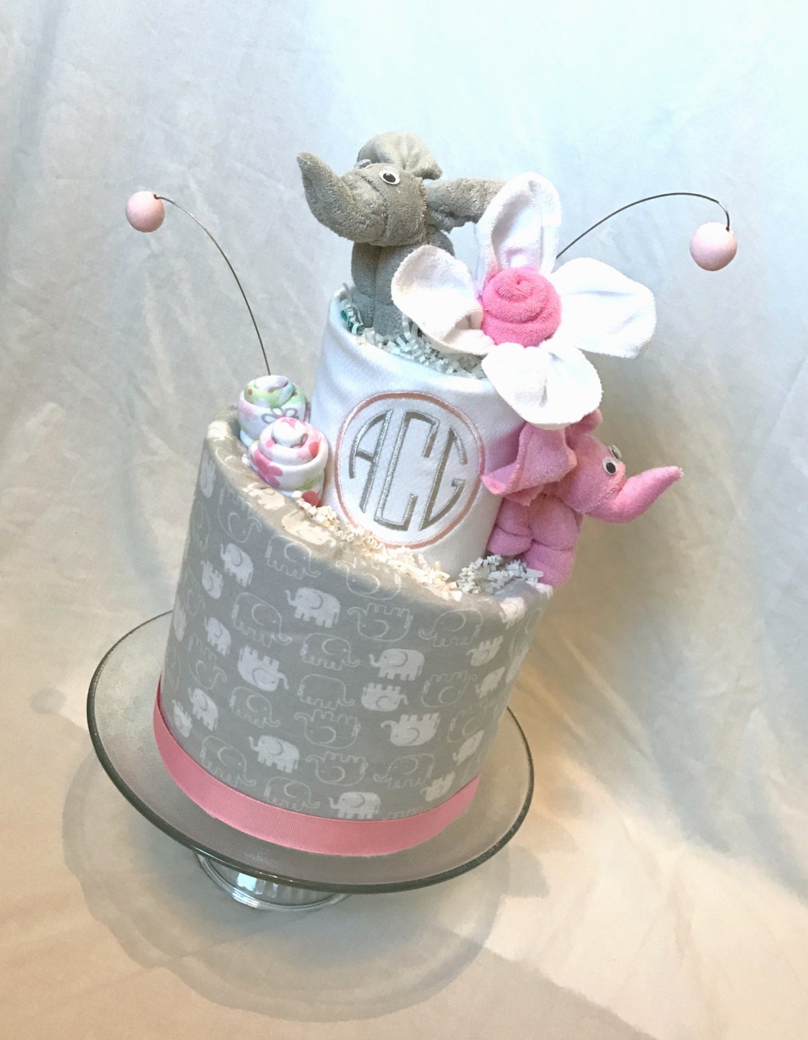 Elephant diaper cake, Diaper cake for girl, Pink elephant diaper cake, elephant baby shower, Personalized baby gift, Monogrammed Diaper Cake