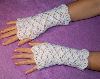 White Spring Mittens Crochet Fingerless Gloves Knit Fashion Boho Fashion Hand Warmers Arm Warmers Mitts Glamour Boho Gloves Texting gloves