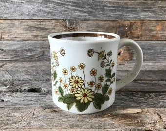 Vintage Stoneware Coffee Mug Yellow Flowers, Speckled Stoneware Mug