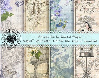 Birds Digital Paper, Shabby Chic Paper, Flowers Digital Paper, Vintage Digital Paper, Scrapbooking Ephemera