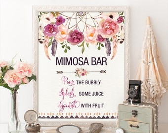Printable MIMOSA BAR. Bohemian Bridal Shower Sign. Boho Floral Bridal Shower Decoration. Dreamcatcher Decor. Rustic Feathers. FLO13