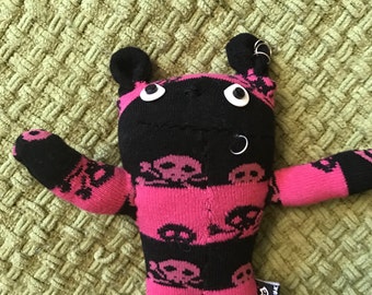 Handmade Punk Pink Sock Bear With Skull and Crossbones
