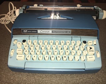 Vintage Blue 1960's Retro Smith Corona Blue Light Blue Automatic 12 Typewriter, Multi Function Typewriter w/Case, Baby Blue Office Decor