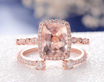 Morganite Wedding Ring Set Cushion Cut Engagement Ring Rose Gold Diamond Open Wedding Eternity Band Halo Antique 2pcs Anniversary Promise