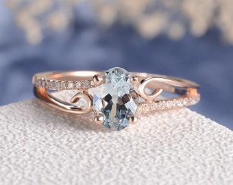 Aquamarine Engagement Ring Rose Gold Women Antique Unique Curved Wedding Bridal Set Birthstone Butterfly Diamond Anniversary Gift For Her