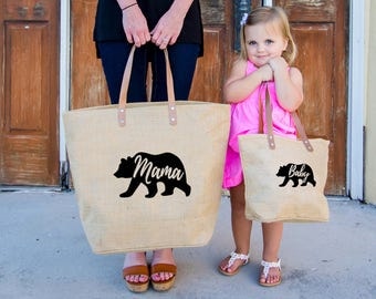 Baby Bear Tote bag, Momma Bear Burlap Tote, Beach Mother's Day Mama Bear Tote Bag, Baby Bear Diaper Bag, Mama Bear Diaper Bag, New Mom Gift