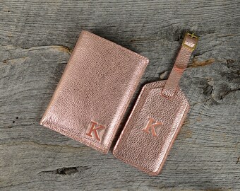 Rose Gold Leather Passport Holder and Luggage Tag Set with Personalized Initial - Custom Travel Gift for Bridesmaids