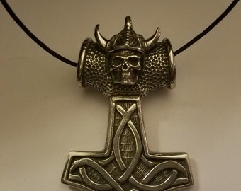 HUGE Thor's Hammer Pendant Celtic Viking Skull in Helmet Pewter Charm