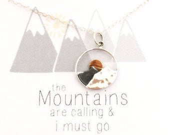 The Mountains are Calling and I Must Go - gift for her - mountain necklace, Sterling silver necklace, jewelry gift for hiker, sunrise, ski