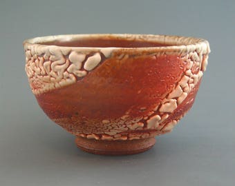 Bowl, wood-fired iron rich stoneware with crawling shino and natural ash glazes