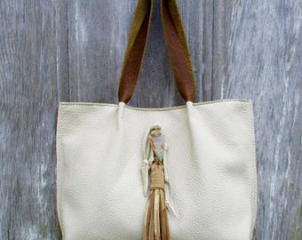 Ivory Pebbled Leather Tote Bag with Arrowhead - Antler Tip - and Tassel by Stacy Leigh