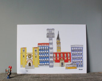Lisbon Print // A4 Illustration // Portuguese Architecture Cityscape Art