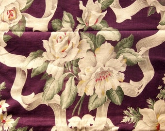 1940s Vintage Floral Upholstery Fabric with Large Flowers and Ribbons / Red Violet with Green Leaves / Pillow Fabric / Shabby Chic