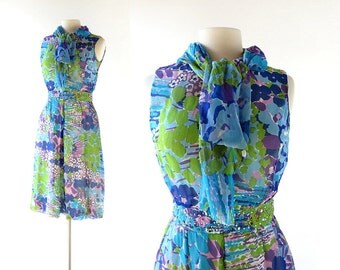 1960s Cocktail Dress | Floral Chiffon Dress | Rhinestone Dress | 60s Dress | XS