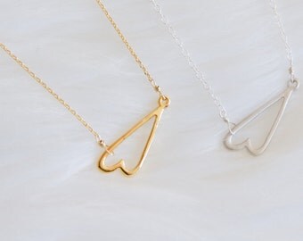 Heart Necklace, Sideways Heart Necklace, Silver or Gold