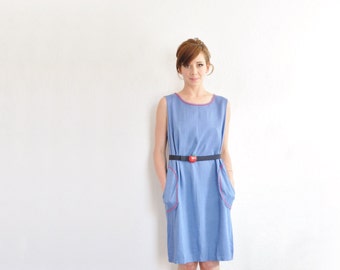 mod chambray shift dress . 1960 space age pockets . ric rac trim .medium.large .sale