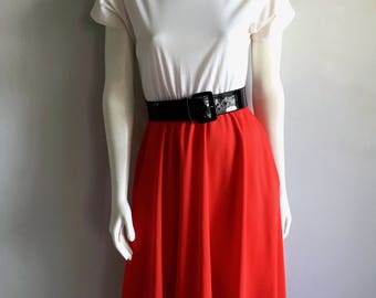 Vintage Women's 80's Red, White, Dress, Short Sleeve, Knee Length (M)