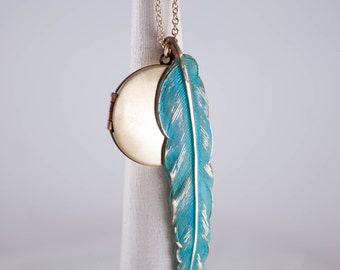Vintage Locket and Blue Feather Necklace, Feather Long Chain Locket, Copper Pendant, Peacock Locket
