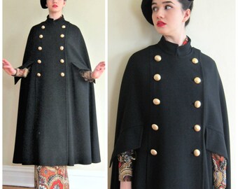 Vintage 1960s Black Wool Cloak by Modalia / 60s Maxi Cloak Mod Cape
