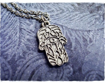 Silver Hamsa Eye Necklace - Antique Pewter Hamsa Hand Charm on a Delicate Silver Plated Cable Chain or Charm Only