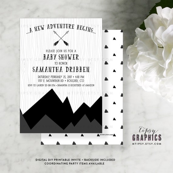 Mountain Adventure Black and White Baby Shower Printable Invitation. Gender Neutral. It's a Boy. Girl. Twins. By Tipsy Graphics Il_570xn