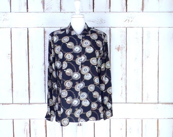 Vintage Ann Taylor Studio black silk clock/watch/time print button down blouse/chain print silk shirt/10