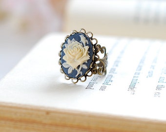 Navy Blue Ivory Rose Cameo Ring, Victorian Style Antique Brass Filigree Adjustable Ring, Cocktail Ring, Gift for her, Valentine's Day Gift