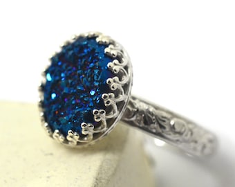 Midnight Blue Druzy Ring,Sterling Silver Renaissance Style Jewelry, Druzy Agate Ring, Blue Gemstone Jewelry
