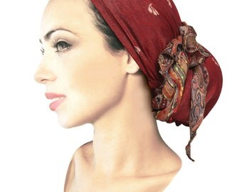 Boho chic head scarf burnt crimson red ethnic hippie artisan snood tichel pre tied bandana chemo hat cap headwear ShariRose pashima cashmere