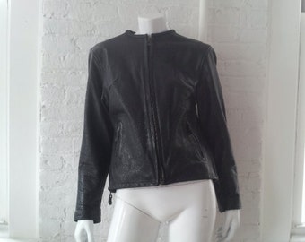 Black Leather Motorcycle Jacket 80s Vintage Moto Jacket 70s Cafe Racer Women's Large XL Mod Biker Jacket Minimalist Cafe Collar Jacket