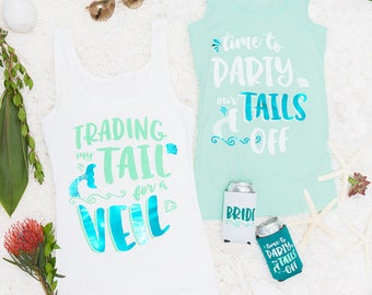 Mermaid Bachelorette Party shirts | Trading My Tail for a Veil & Time to Party Our Tails Off | Teal Mint Green and White | Fitted OR Flowy!