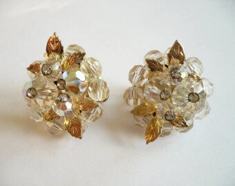 Vintage Vendome Earrings Clip On Cluster AB Crystal Beads Rhinestone Gold Leaf