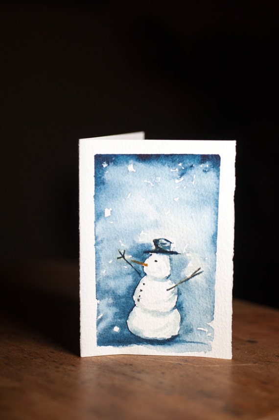 SNOWMAN WATERCOLOR Christmas Card Hand painted Original