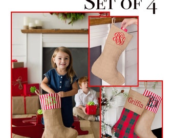 Burlap Christmas stockings, Christmas stocking set, family Christmas stockings, plaid stockings, burlap stockings,