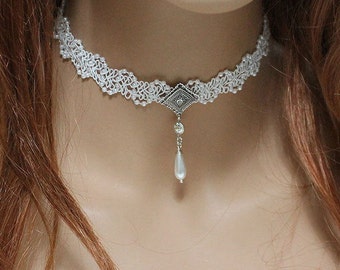 Bridal Choker, Dainty White Pearl Lace Wedding Choker Necklace, Victorian Jewelry