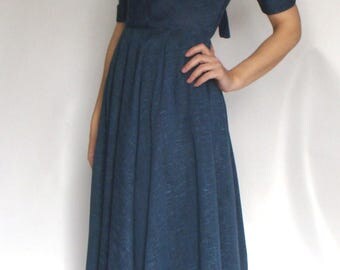 BLUE slubbed VINTAGE 1950's DRESS xs 24 waist new look