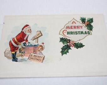Antique Christmas Postcard Santa Claus and A Chimney