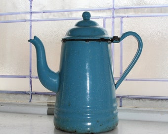 Antique Enamelware Coffee Pot Goose Neck Spout Robins Egg Blue