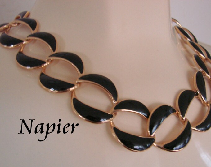 Vintage Retro Modernist Napier Black Enamel Designer Signed Necklace Jewelry Jewellery