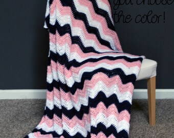 Chevron Afghan Throw Blanket Crochet - Dark Blue, Light Pink and White Striped Ripple Zig Zag - Made To Order