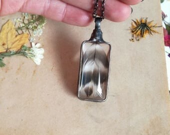 Feather Terrarium necklace, woodland necklace, rectangle pendant, natural jewelry, Woodland Necklace, black white