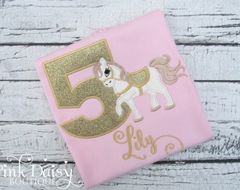 Pink Gold Horse Birthday Shirt - Girls Pony Birthday Shirt - 5th Birthday - Personalized Applique Shirt - Rodeo - Horseback Riding - Western