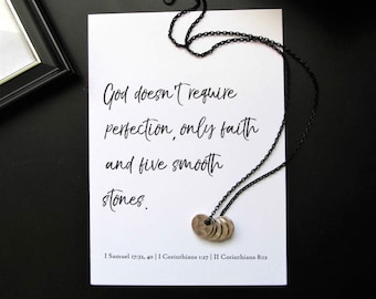 Silver Discs Necklace on Black Chain - Five Smooth Stones David Goliath Christian Faith Necklace with Bible Verse Print - Men's Necklace