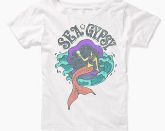 Womens Boho SEA GYPSY Mermaid Shirt Beach Ocean Trendy Shirt Tee Top Bohemian Vintage Retro Cotton Fashion Short Sleeve Tshirt S M L XL