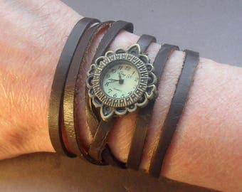 WRAP WATCH, bracelet watch, Vintage watch, calf leather watch, bronze watch, brown leather watch, wrist watch, gift for women, adjustable