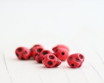 Red Skull Beads - Synthetic Howlite Day of the Dead Beads - Small, 10mm - 8 beads