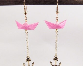 Origami boats earrings *WAVE* Pink boats | Paperboats | Papercraft | Origami boats | Origami jewelry | Made in France | Origami earrings